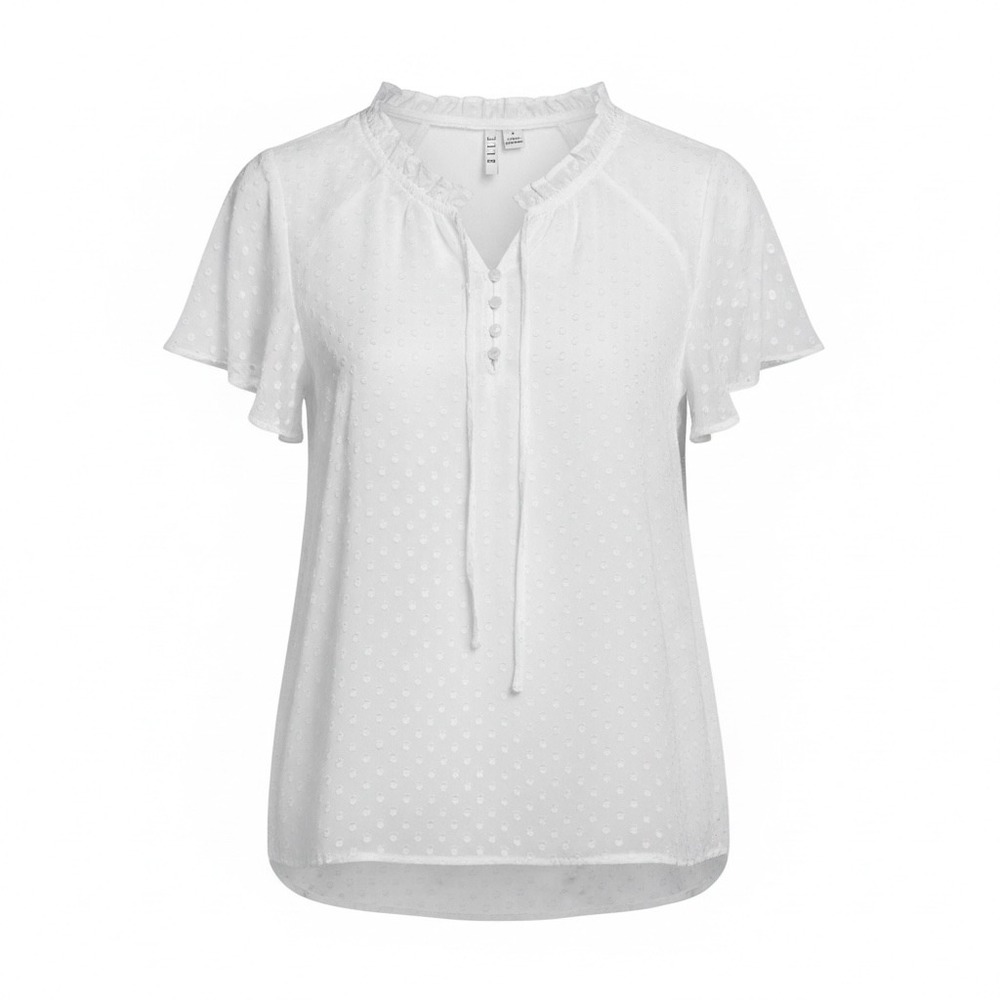 NWT ELLE White‎ Swiss Dot Flutter Sleeve Ruffle Neck Tie Blouse Sz M Cottagecore